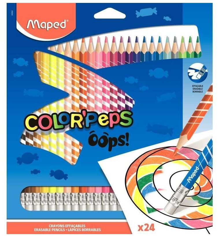 Карандаши цветные 24 цвета Maped Color'Peps Oops (L=187мм, d=2.9мм, 3гр, c ластиком) (832824)