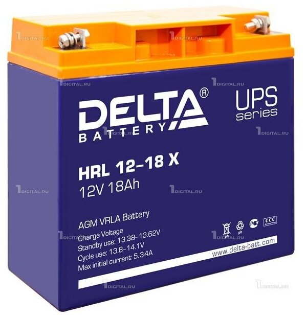 Аккумулятор DELTA HRL 12-18 X (12В, 18Ач / 12V, 18Ah / вывод болт+гайка O5.5мм) (UPS серия)