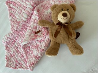 Детский плюшевый плед Премиум качества крупной вязки 85*85см, белый/нежно-розовый, вязаный плед-покрывало, одеяло, на выписку, подарок ребенку