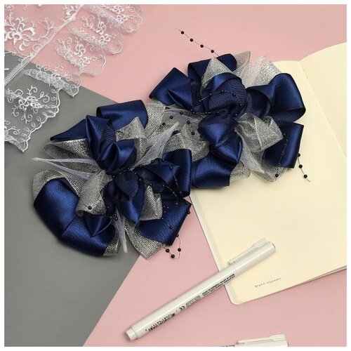 фото Детские банты 2 шт. для девочки на резинке из двух видов лент с жемчужными нитями, синие с синими бусинками baziator