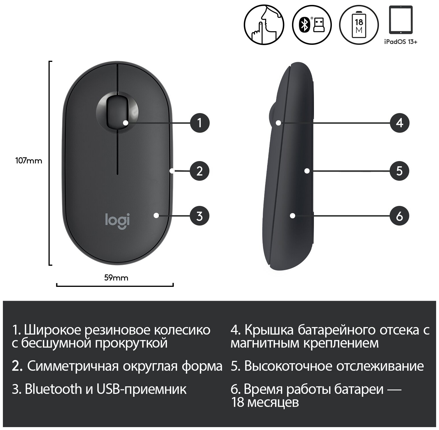 Мышка USB OPTICAL WRL PEBBLE M350 GREY 910-006653 LOGITECH - фото №3