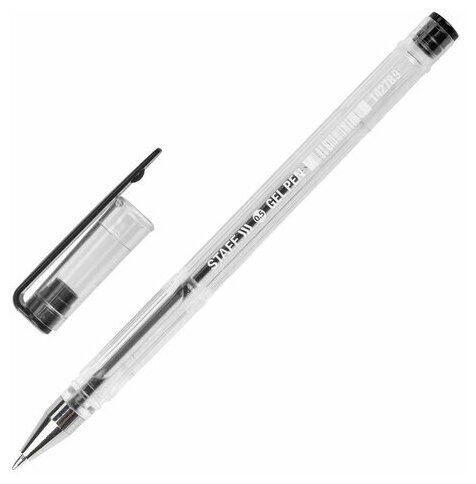 Ручка гелевая STAFF "Basic", черная, корпус прозрачный, хромированные детали, узел 0,5 мм, линия письма 0,35 мм, 142789 8 шт