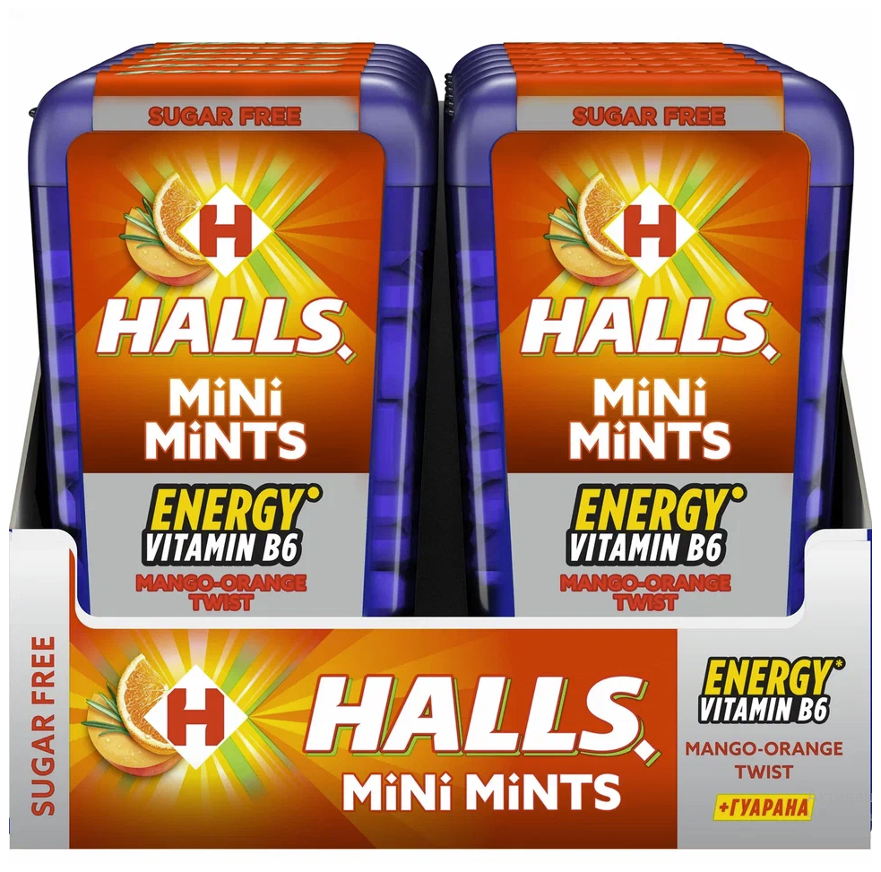 HALLS Mini Mints TWIST витамин B6 манго экстракт гуараны12.5 Набор 12шт - фотография № 1