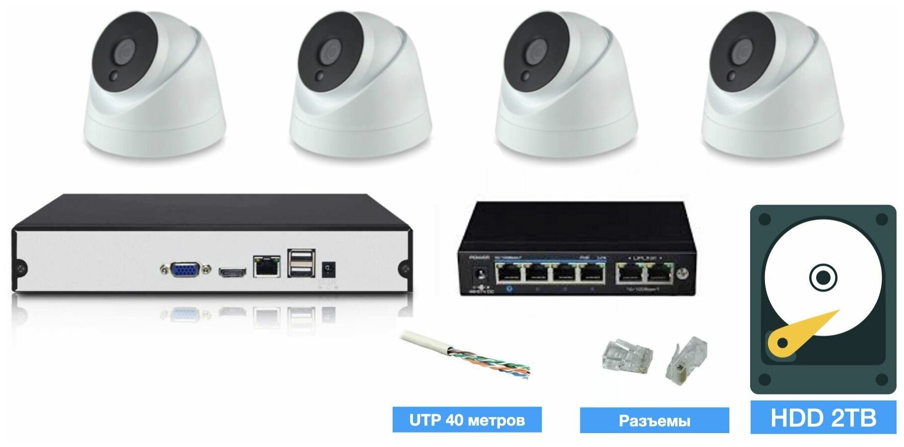 Полный IP POE комплект видеонаблюдения на 4 камеры (KIT4IPPOE04M5B_HDD2TB_UTP)