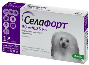 Фото Селафорт селамектин 30 мг/0,25мл. капли на холку от блох, клещей и глистов для собак от 2,6-5 кг.