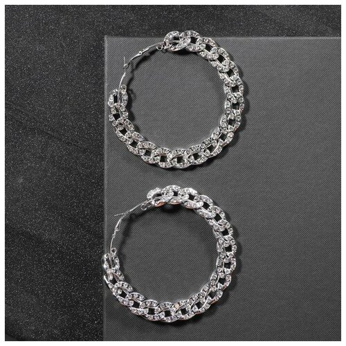 фото Серьги-кольца "цепь" звенья в стразах, d=9, цвет серебро qwen