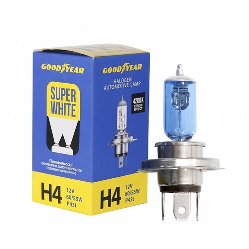 Лампа автомобильная галогенная Goodyear Super White Н4 12V 60/55W P43t H4 4200K 1 шт.