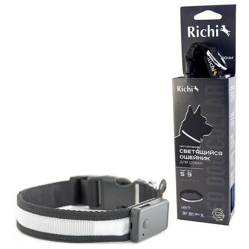 Ошейник RICHI USB LED светящийся 45-48см (L) черный, 3 режима, зарядка от USB декор led ошейник richi 30 см xs розовый силиконовый 3 режима встроенный аккумулятор зарядка от usb