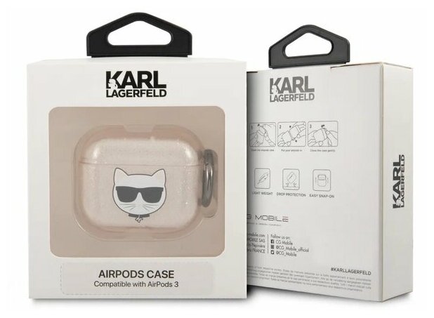 Lagerfeld для Airpods 3 чехол TPU Glitters with ring Choupette Transparent Gold