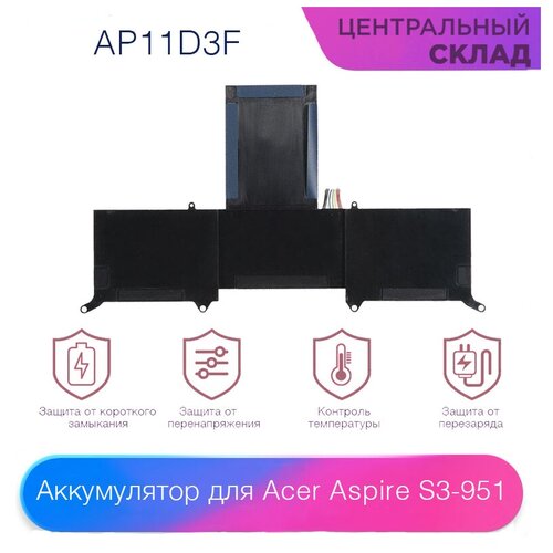 Аккумулятор (акб, батарея) AP11D3F для ноутбука Acer Aspire S3-951, 3280mAh аккумулятор ap11d4f для acer aspire s3 951 s3 391 3200mah