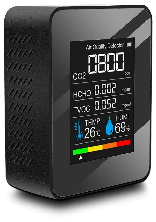 Монитор (с bluetooth) качества воздуха концентрации СО2 формальдегида летучих органических веществ. Индикатор температуры и влажности.