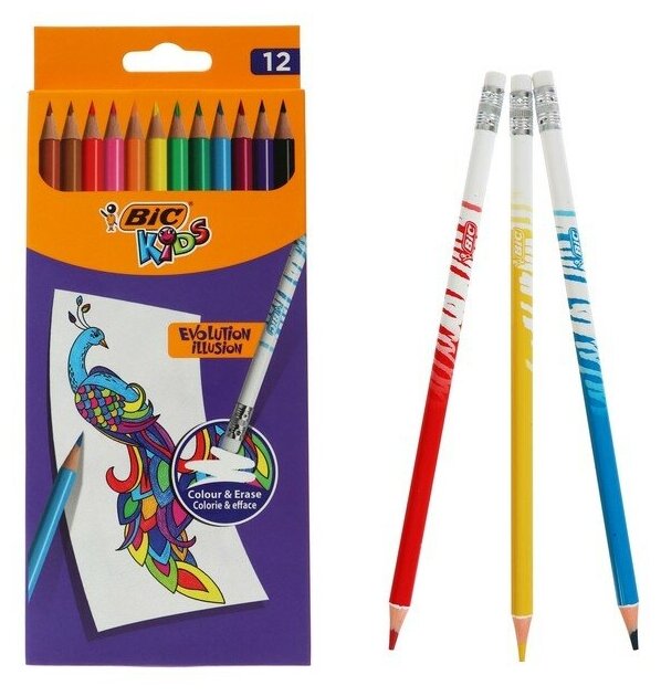 Карандаши 12 цветов BIC Kids Illusion, детские, шестигранные, с ластиком, стираемые