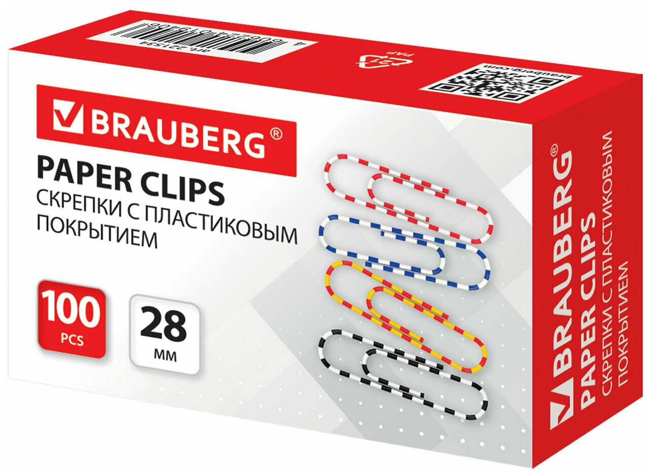 Скрепки BRAUBERG, 28 мм с цветными полосками, 100 шт, в картонной коробке, 221534