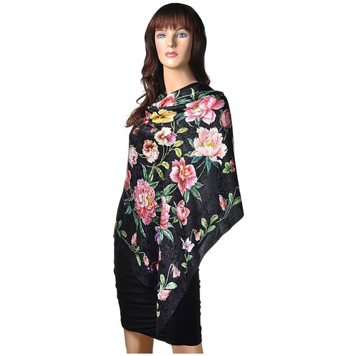 фото Павлопосадский платок "анютины глазки" черный 100% шелк жаккард 89-89 русь великая