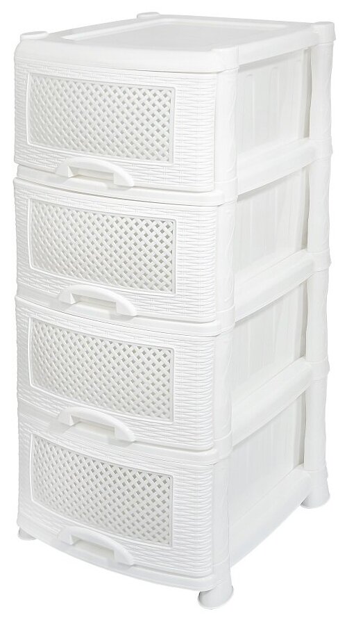 Комод пластиковый Плетёнка с 4 ящиками / универсальный стеллаж для хранения вещей / органайзер для аксессуаров, цвет белый