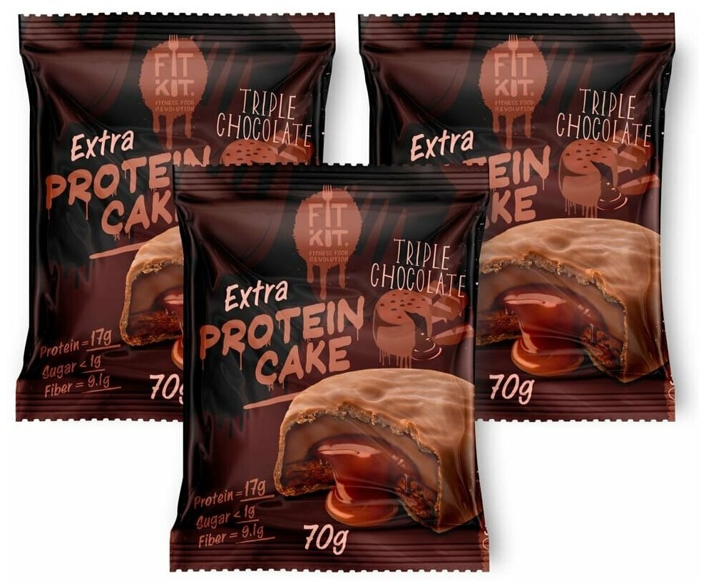 Fit Kit, Protein Cake EXTRA, 3шт x 70г (Тройной шоколад)