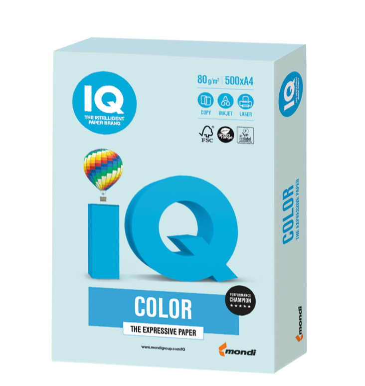 Бумага цветная IQ color, А4, 80 г/м2, 500 л, пастель, светло-голубая, BL29