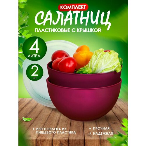 Салатник пластиковый с крышкой 4 л 2 шт вишневый 849₽