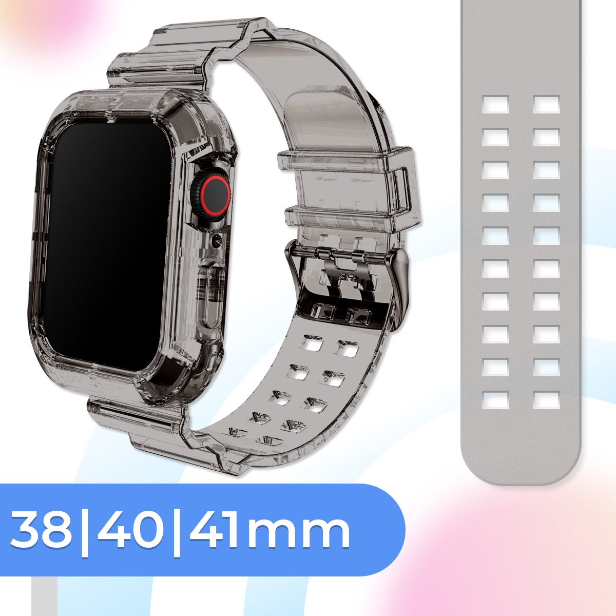 Прозрачный силиконовый ремешок для умных часов Apple Watch 38-40-41 mm / Спортивный браслет для смарт часов Эпл Вотч 1-9, SE / Серый