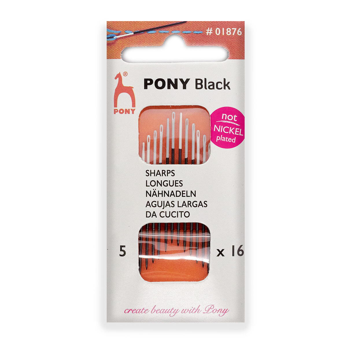 Иголки для шитья № 5, c белым ушком, PONY Sharps BLACK, 01876, 16 шт