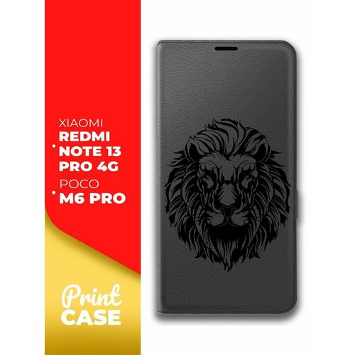 Чехол на Xiaomi Redmi Note 13 Pro 4G; Poco M6 Pro (Ксиоми Редми Ноте 13 Про 4г; поко М6 Про) черный книжка эко-кожа Book case, Miuko (принт) Лев черный