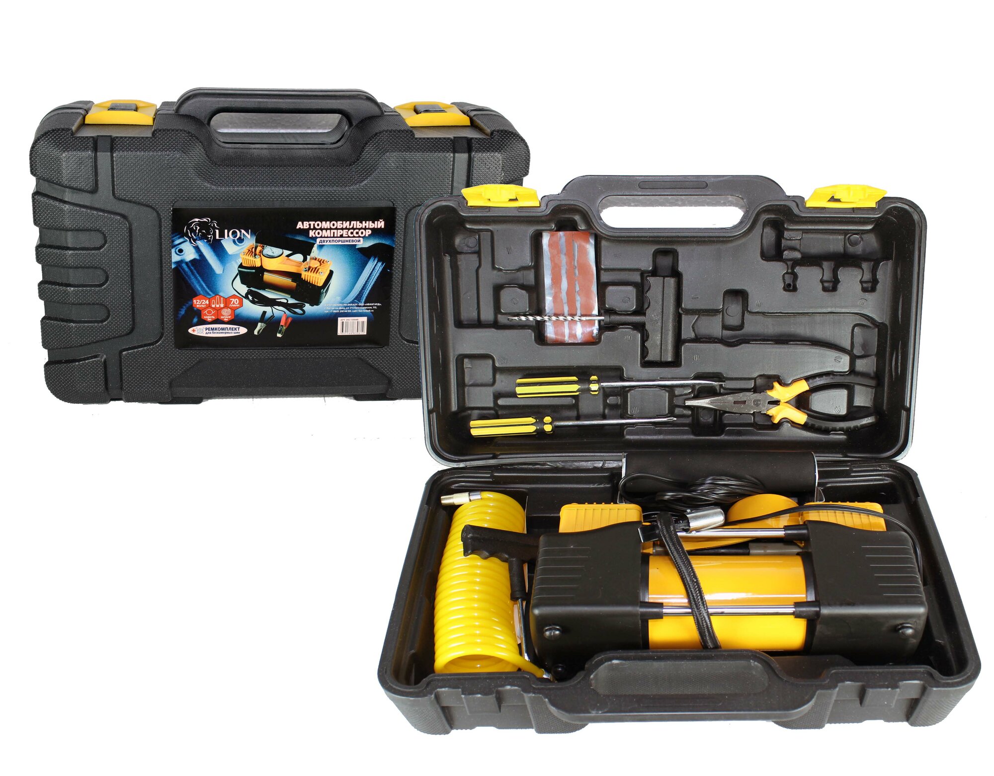 фото Компрессор 2-поршневой LION 70л/мин металлический корпус, в кейсе с набором инструментов