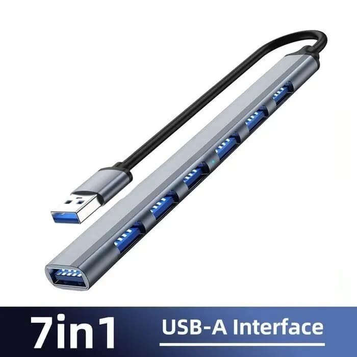 USB разветвитель с 7 портами USB 30 с высокой скоростью передачи данных. Разъем кабеля: USB. В комплекте Переходник на Type C в комплекте.