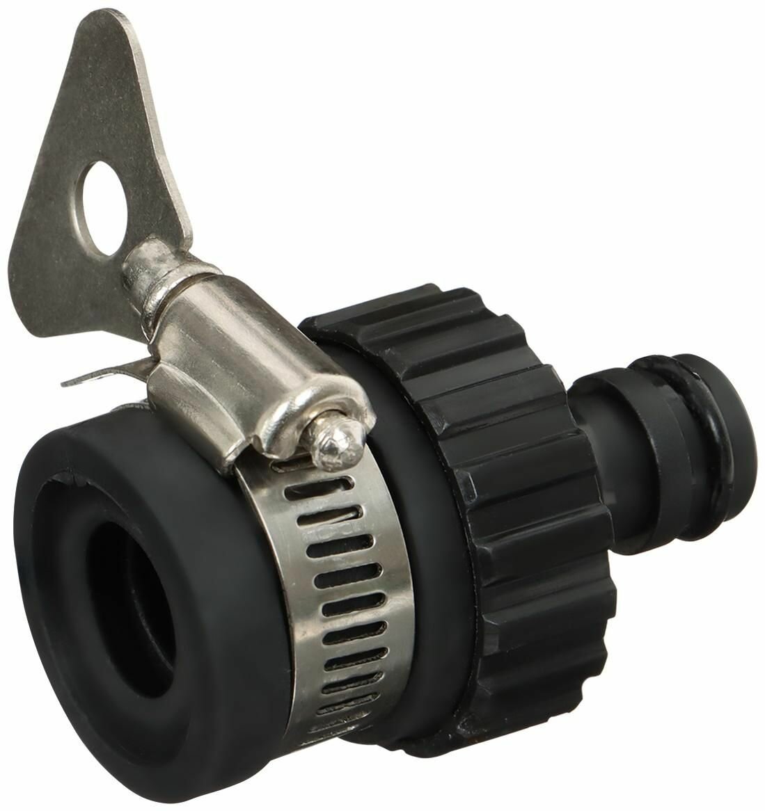 фото Коннектор с креплением на кран 1/2-3/4-1" с хомутом пластик резина