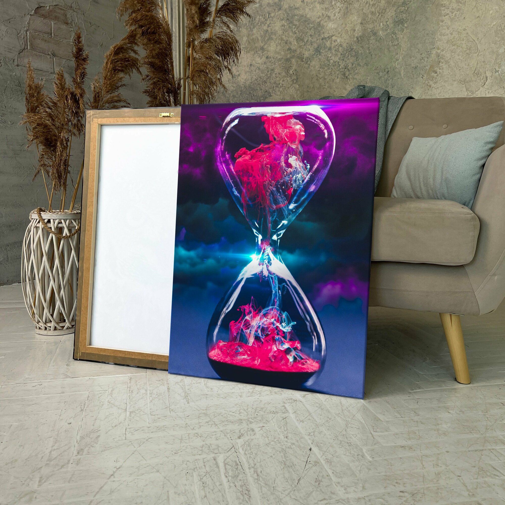 Картина на холсте (песочные часы рисунок яркие фиолетовые брызги) 80x100 см/для интерьера/в комнату/на стену/в подарок