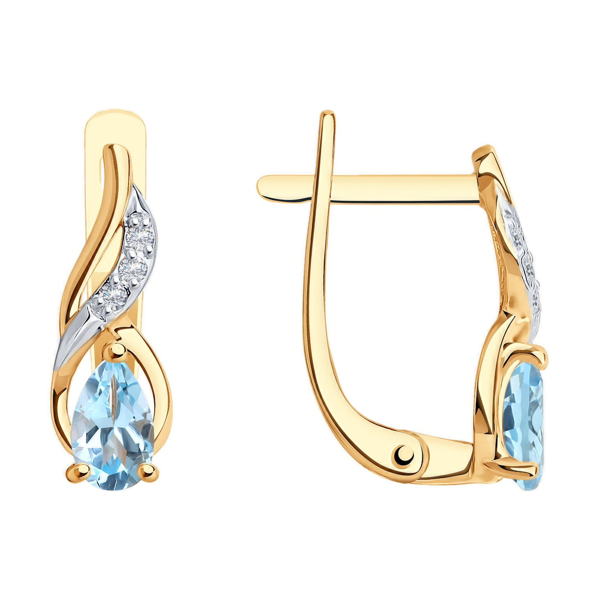 Серьги Diamant online, красное золото, 585 проба, топаз, фианит, длина 1.5 см, , голубой