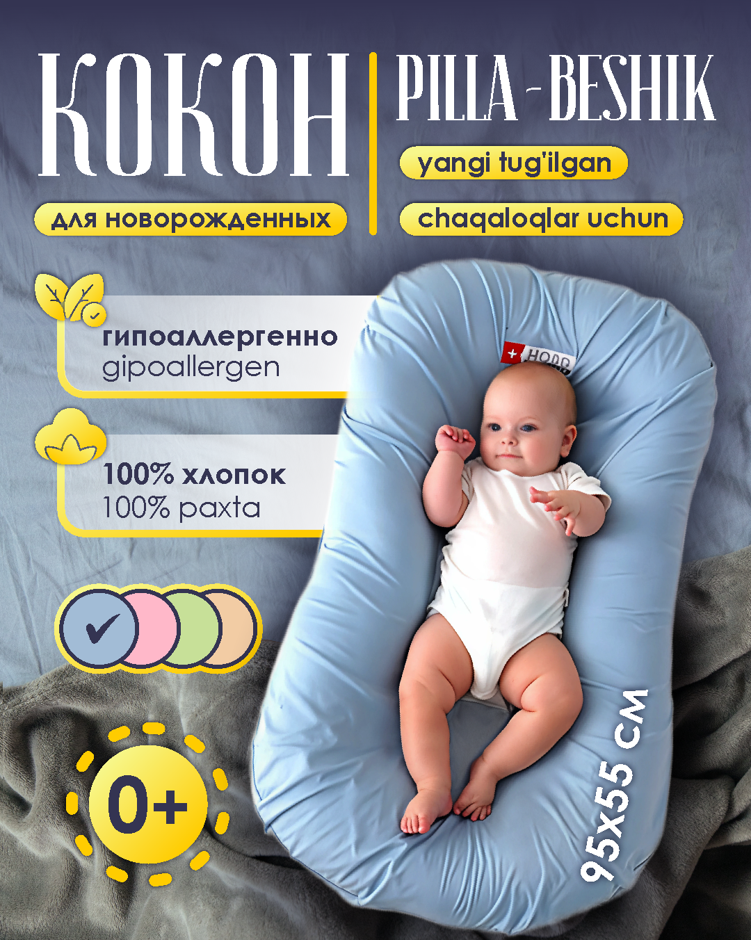 Кокон для сна, позиционер для новорожденных с мягкими бортиками. Голубой