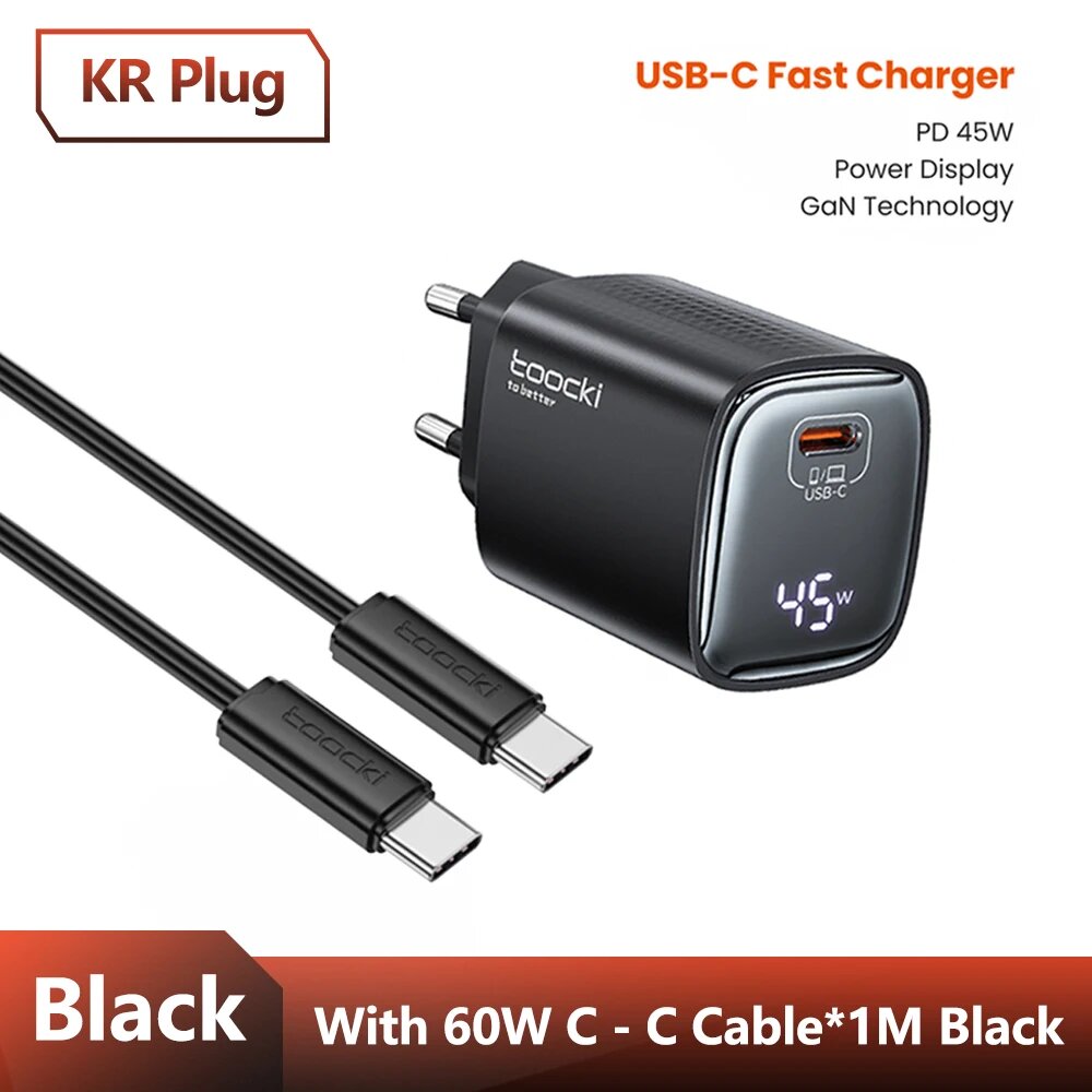Toocki 45W GaN Зарядное устройство KR Plug SFC 2.0 PPS 3.0 QC4.0 Тип C Быстрое зарядное устройство для телефона iPhone 17 16 15 Samsung Galaxy S25 S24 Xiaomi KR With Cable