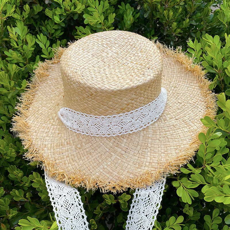 Соломенная шляпа из рафии для женщин, летние каникулы на море, маленькая свежая кружевная соломенная шляпа ручной работы с большими полями, оптовая продажа