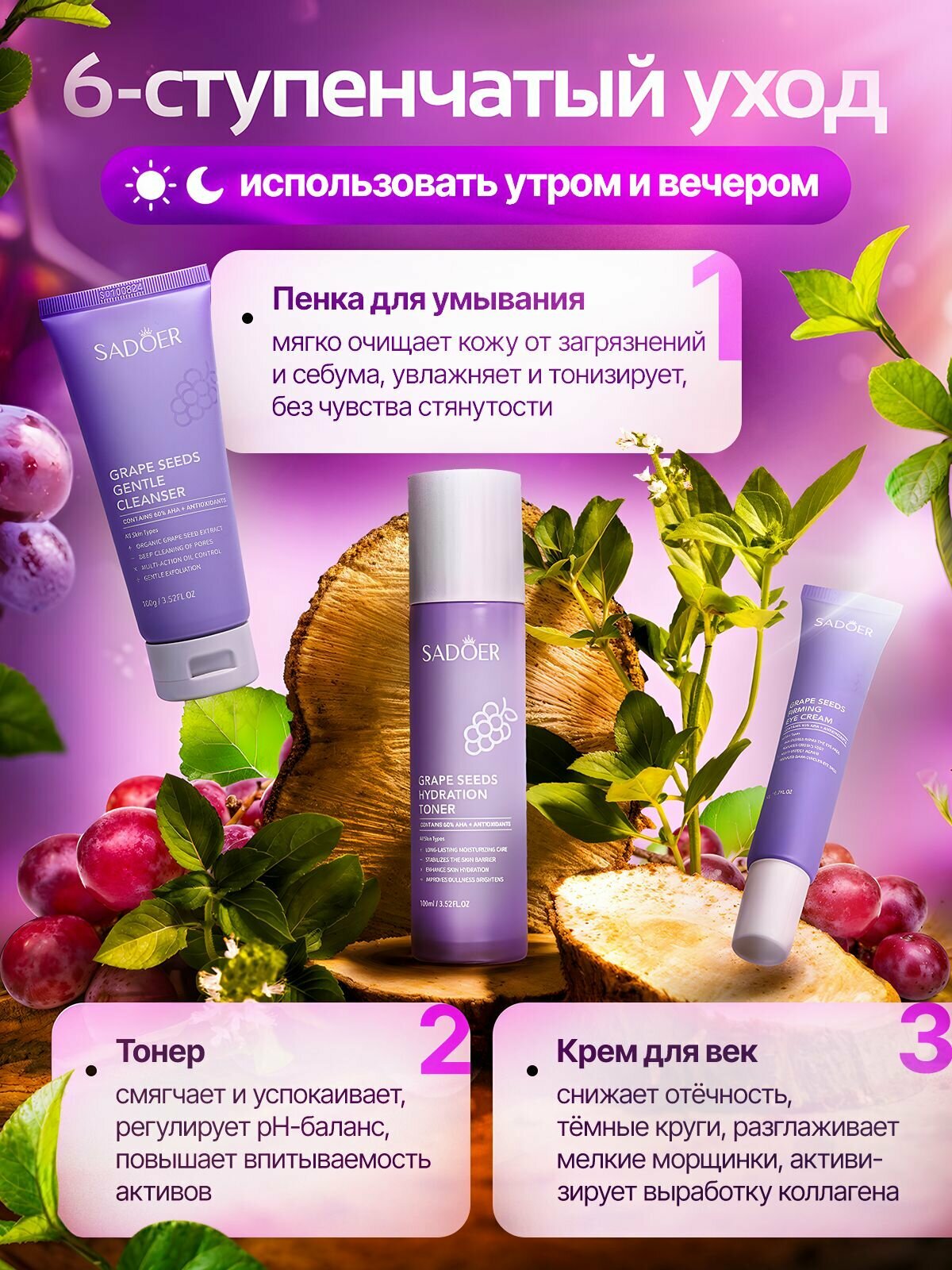 Набор уходовой косметики для лица подарочный с экстрактом винограда — фото 3