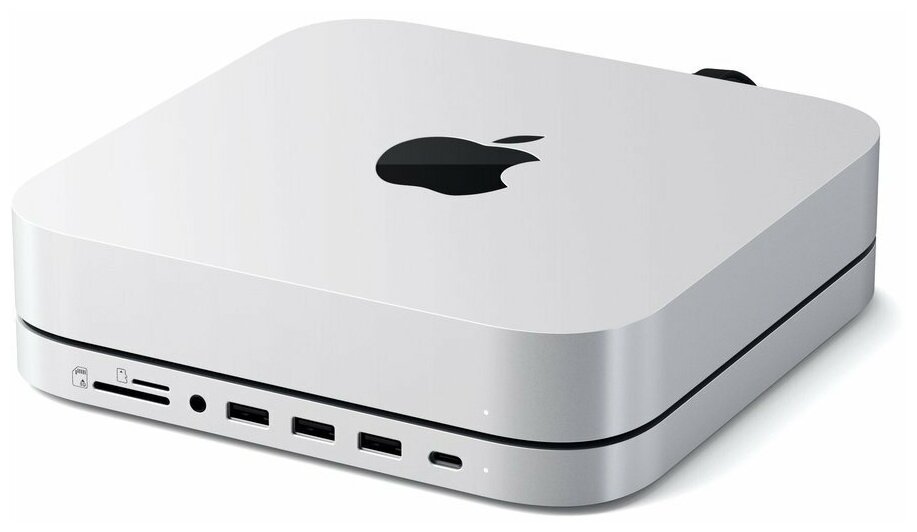 Многопортовый адаптер-подставка Satechi для Mac mini с кабель-коннектором USB-C и отсеком для SSD (USB-C, 3 USB-A 3.0, SD, microSD, разъём 3,5 мм, M.2 SATA) Серебристый / Silver