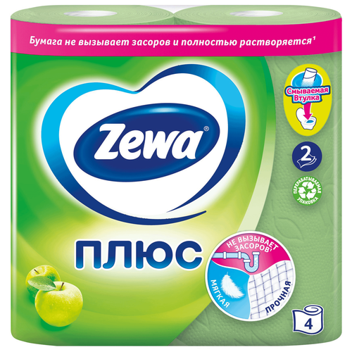 Купить Туалетная бумага Zewa Plus 2-х слойная Зеленая ароматизированная 4 шт, зеленый, вторичная целлюлоза, Туалетная бумага и полотенца