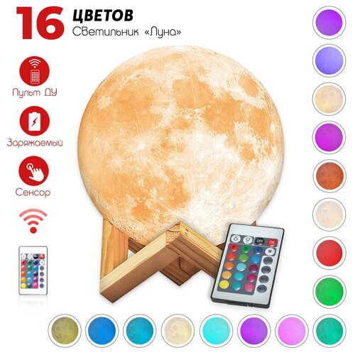 Светильник-ночник 3D-шар Луна Moon Lamp на деревянной подставке с пультом, 20 см