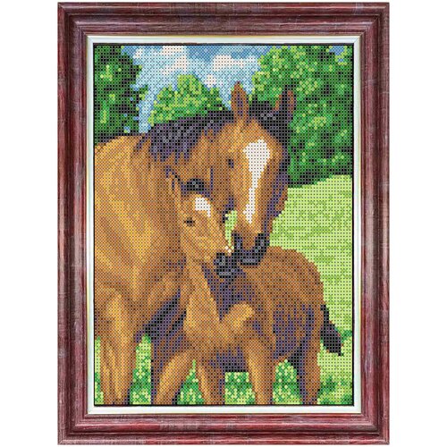 фото Набор для вышивания бисером каролинка арт. кбжн-4037(ч) мамы и их зверята. лошади 23,5х18,7 см