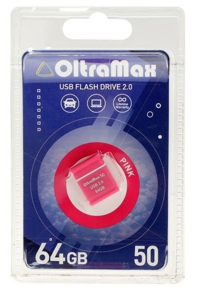 Флешка OltraMax 50, 64 Гб, USB2.0, чт до 15 Мб/с, зап до 8 Мб/с, розовая 9441558