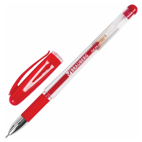 Ручка гелевая с грипом BRAUBERG Geller, красная, игольчатый узел 0,5 мм, линия письма 0,35 мм, 141181, 12 штук