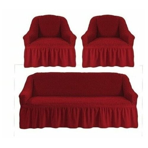 Комплект чехлов на диван и 2 кресла с юбкой, цвет Бордовый (Жатка)