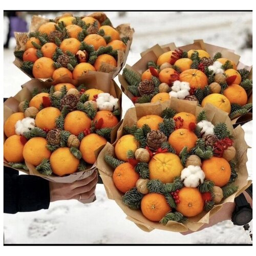 фото Цитрусовый букет (ветки ели, хлопок, шишки, орехи, крафт). новогодний подарок.подарочный набор новогодний подарок детям взрослым ооо "былина"