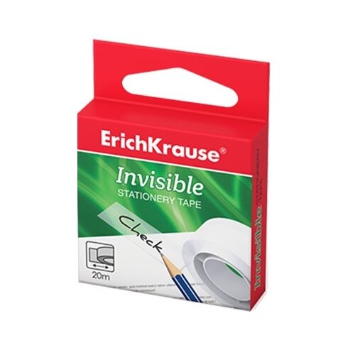 ErichKrause Клейкая лента канцелярская Erich Krause Invisible, 12 ммx20 метров, прозрачная с антибликовой матовой поверхностью, незаметна на ксерокопиях, банкнотах, фотографиях, 1 штука, в коробке с европодвесом