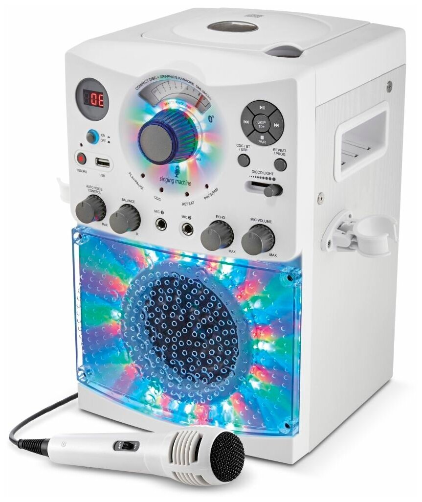 Караоке система Singing Machine с LED Disco подсветкой цвет белый Bluetooth USB CD+G SML385UW