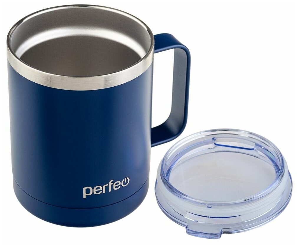 Термокружка PERFEO для напитков с прозрачной крышкой, ручкой, объем 0,35 л, темно-синий (PF_C3732)