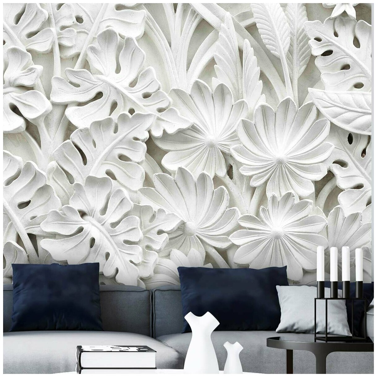 Фотообои флизелиновые с виниловым покрытием VEROL "Белые листья", 2.7х3 м, моющиеся обои на стену, декор для дома