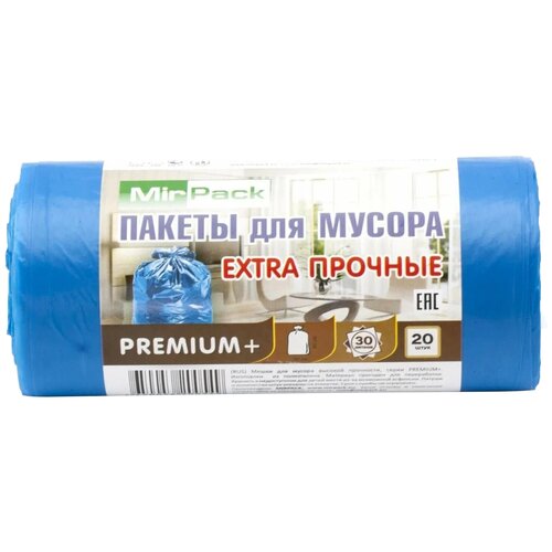 Мешки для мусора MIRPACK PREMIUM+ Extra прочные 30 л, 20 шт., 1 упак., синий