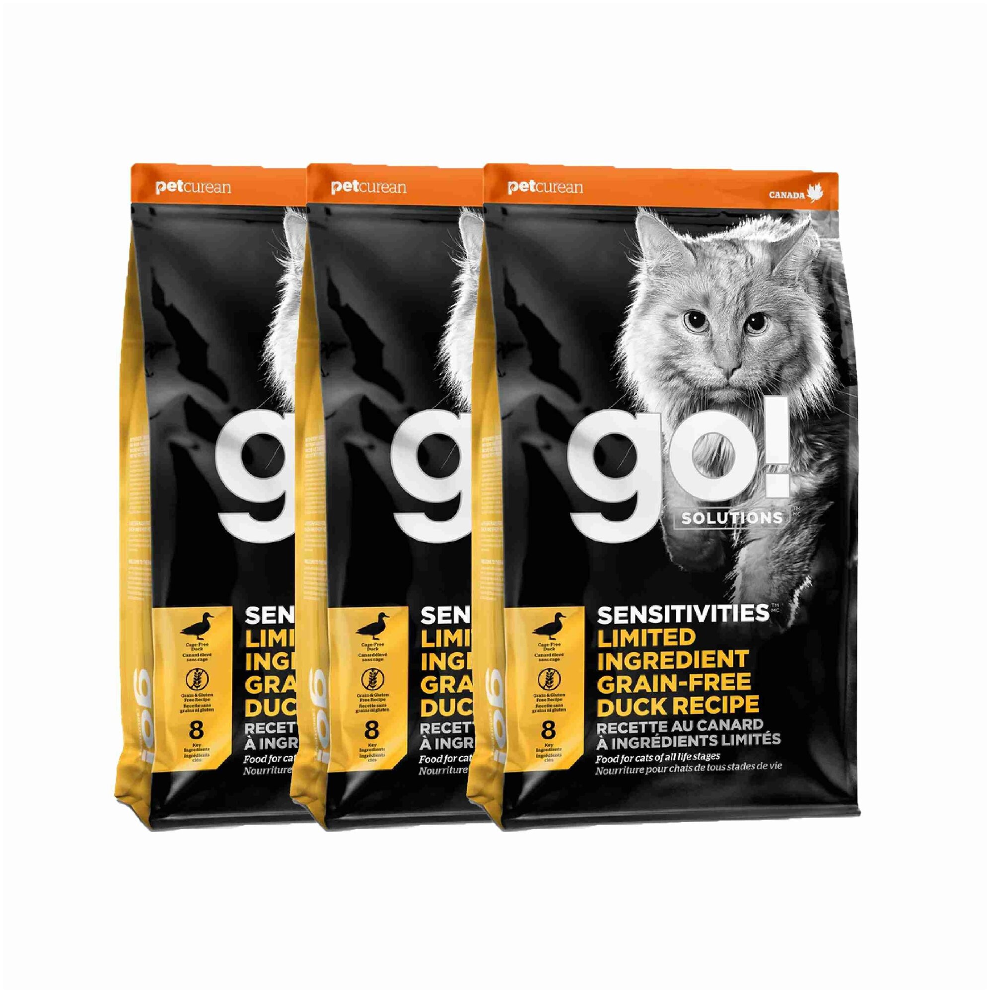 GO! для котят и кошек с чувств. пищеварением со свежей уткой (GO! SENSITIVITIES Limited Ingredient Grain Free Duck Recipe CF ) 1,36 кг х 3 шт.