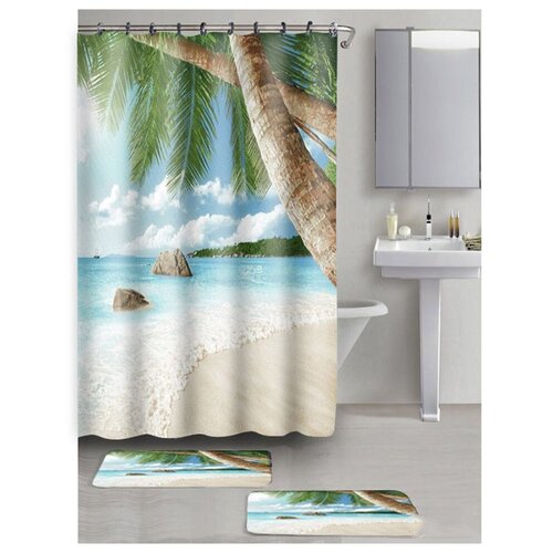Набор для ванной Рыжий кот Пляж, 2 коврика + штора