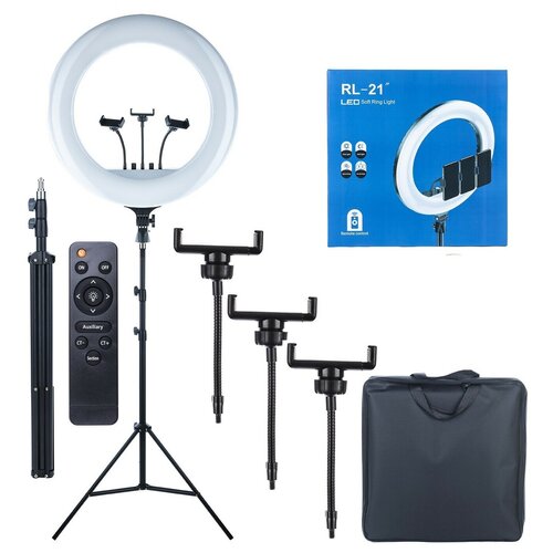 Кольцевая лампа RL-21 диаметр 54 см с тремя держателями для смартфона дистанционным пультом управления со штативом 210 см студийный свет 499000₽